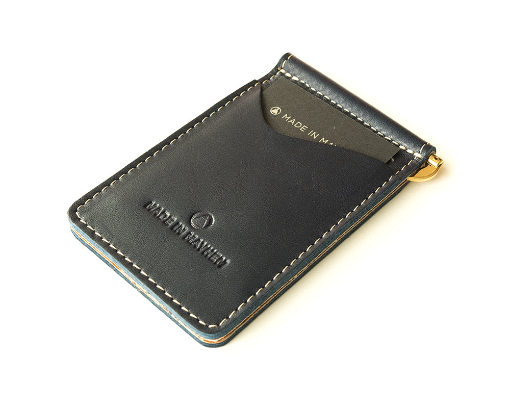 Blue leather money clip wallet for men, made in USA