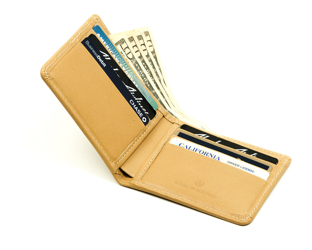 Sand color large bifold wallet for men, Made in USA.