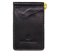 Black leather money clip wallet with card and cash compartments. Black Italian leather money clip for men. Made in USA by Made in Mayhem