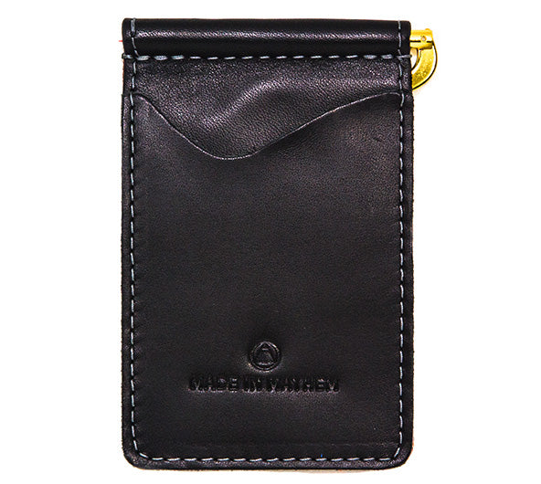 Black leather money clip wallet with card and cash compartments. Black Italian leather money clip for men. Made in USA by Made in Mayhem