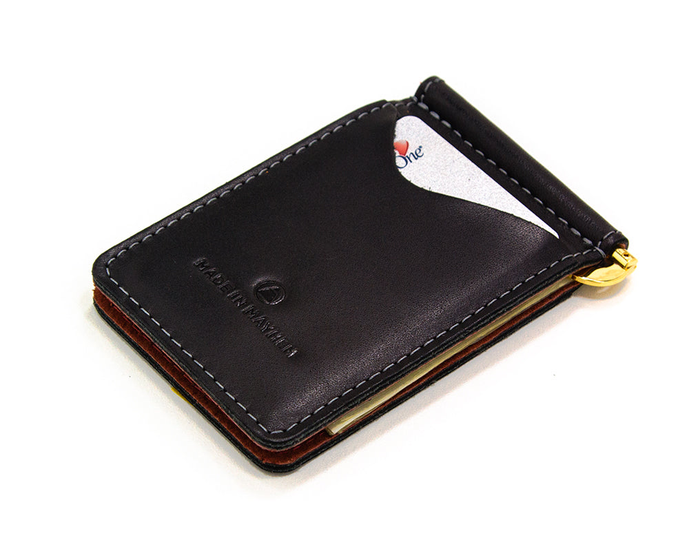 Thin wallet for men with cash money clip inside. Compact front pocket wallet made in USA by Made In Mayhem
