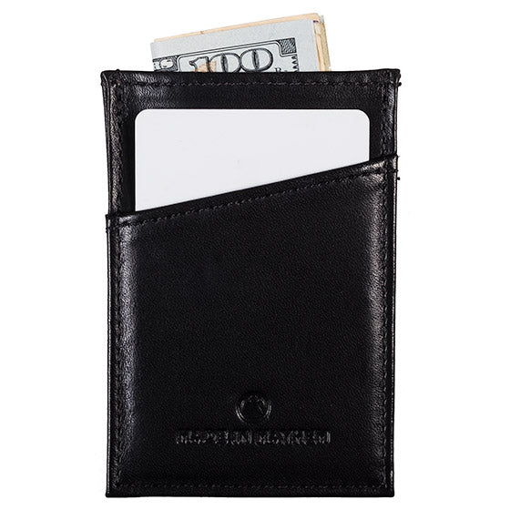 Compact black leather wallet for men.